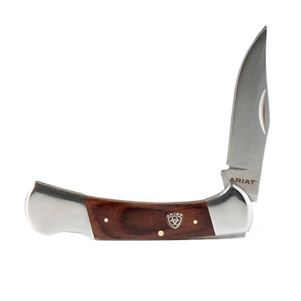 Ariat Men’S Smooth Blade Folding Pocket Knife Rich Brown Wood Handle With Silver Bolsters Traditional Lockback 1