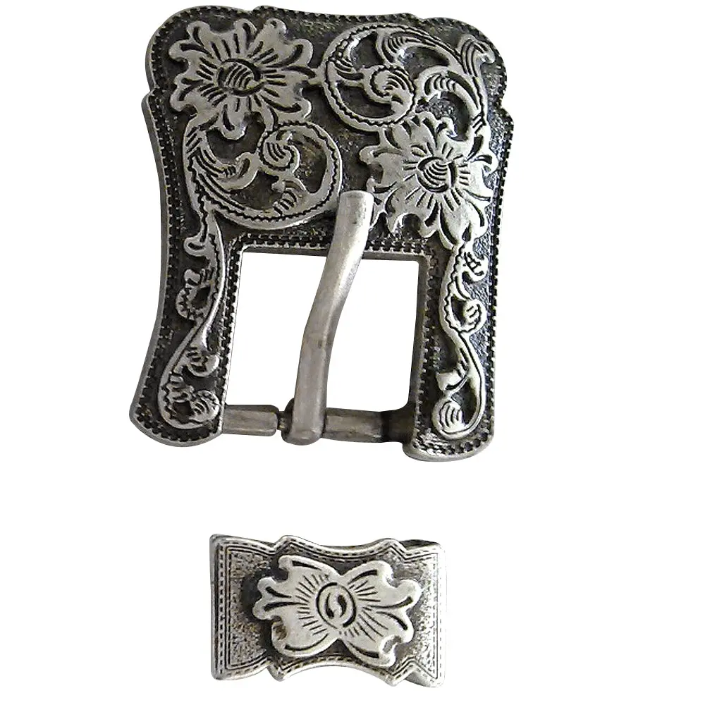 Western Screw Back Concho Antique Silver Buckle Set - 1.5 Inch 1