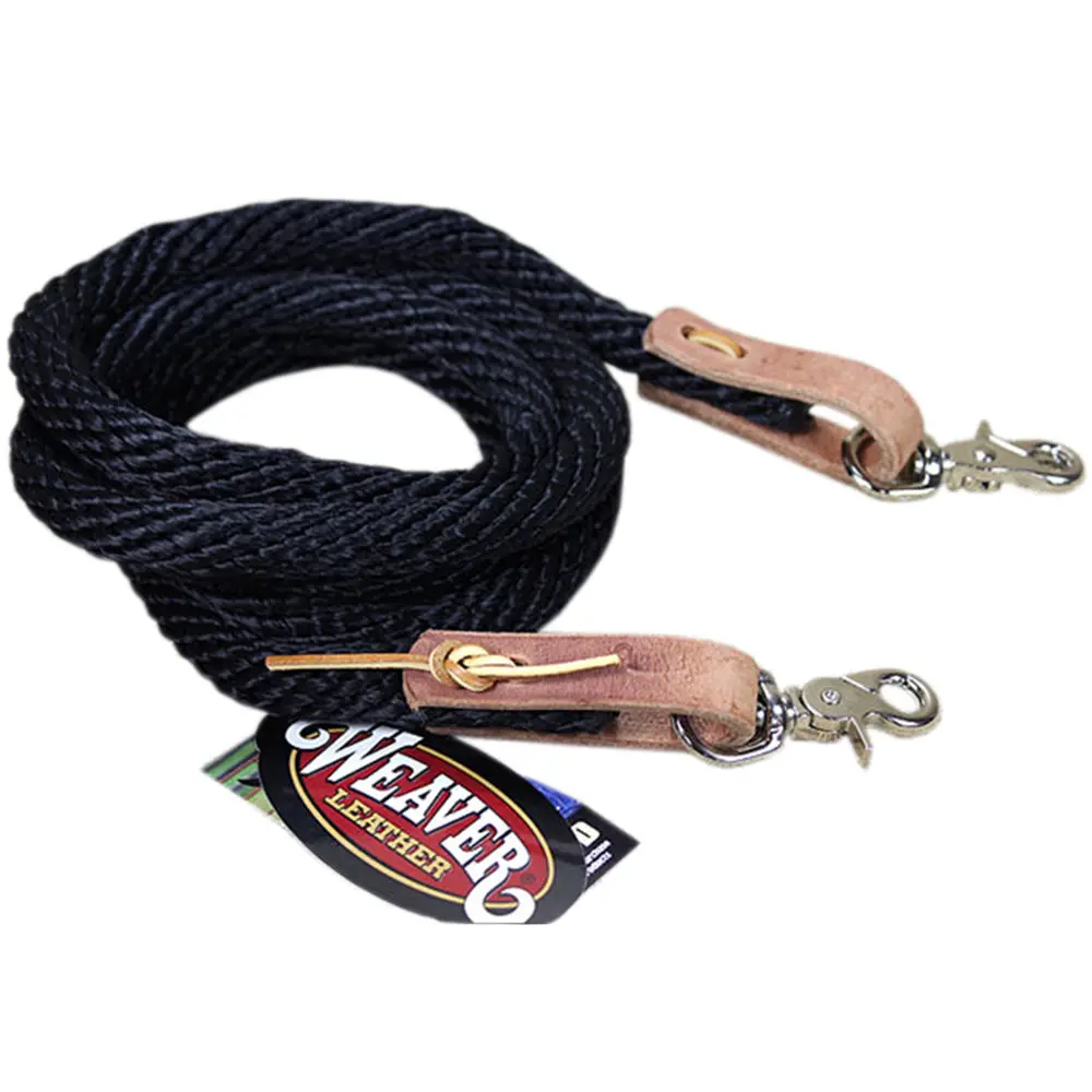 Black 8Ft Weaver Horse Poly Roping Reins W/ Leather Laces Loop Ends 1