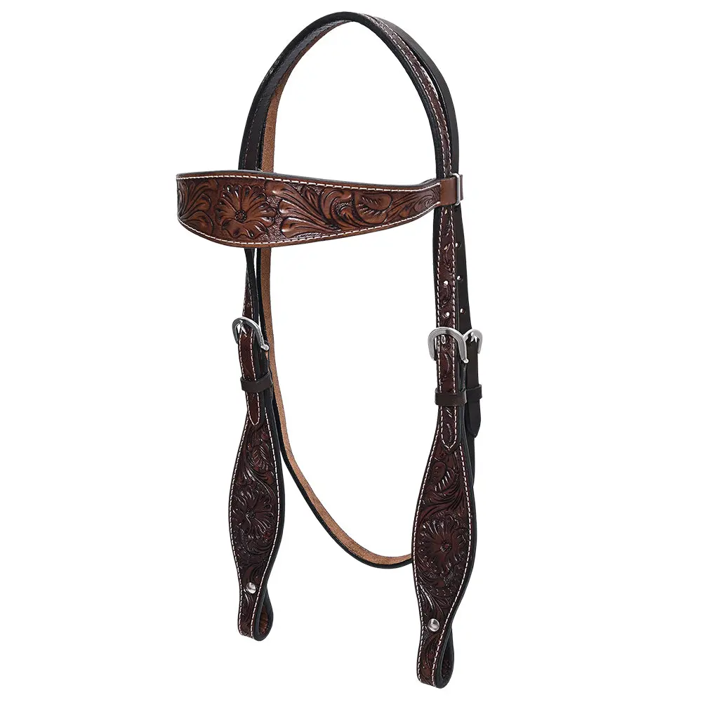 Hilason Western Horse Headstall Breast Collar Set Genuine American Leather Floral Dark Brown | For Horses 2