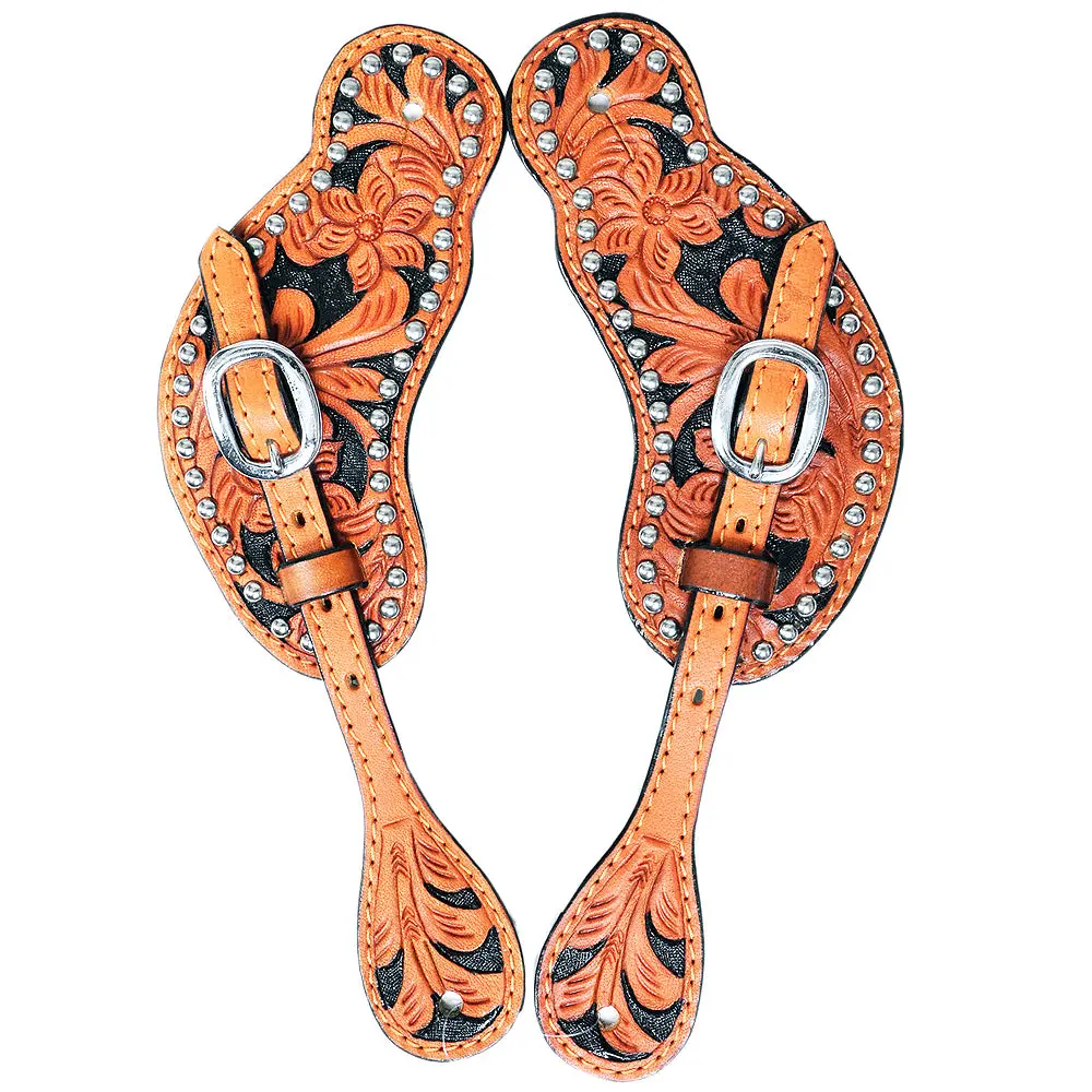 Hilason Western Leather Spur Straps Floral Dark Oil Black Hand Paint 1