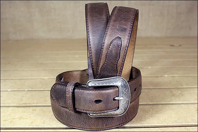 3D Rugged Brown Full-Grain Distressed Leather Western Belt & Silver Buckle 3