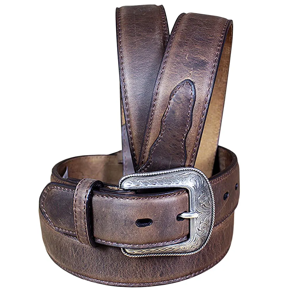 3D Rugged Brown Full-Grain Distressed Leather Western Belt & Silver Buckle 2