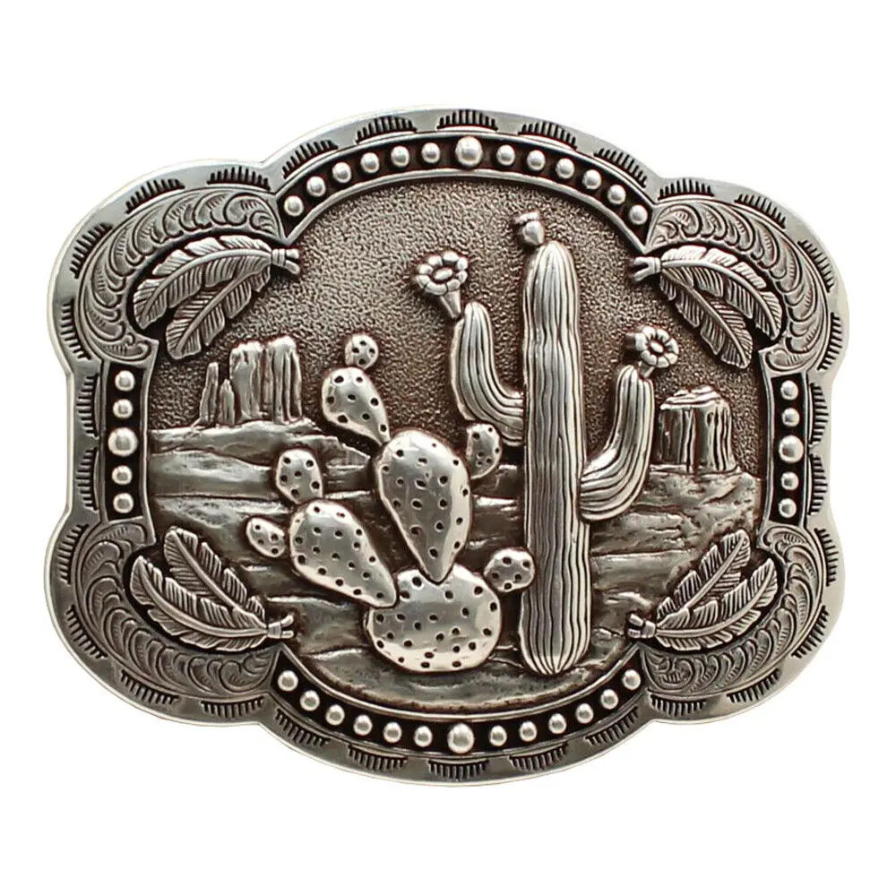 3 3/4 In X 1/4 Nocona Womens Belt Buckle Cactus Feathers Silver 1