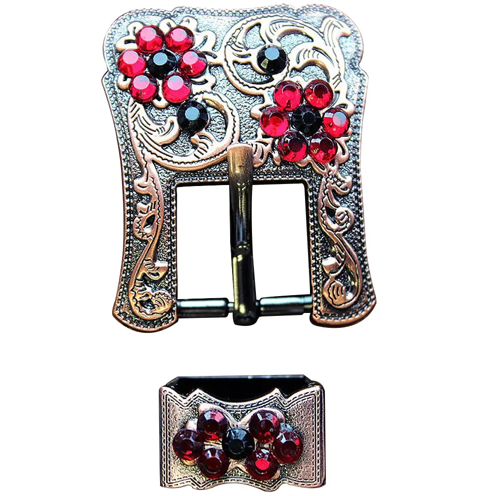 Hilason Screw Back Concho Black & Siam Crystal Floral Copper Buckle Set 3/4 Inch 1