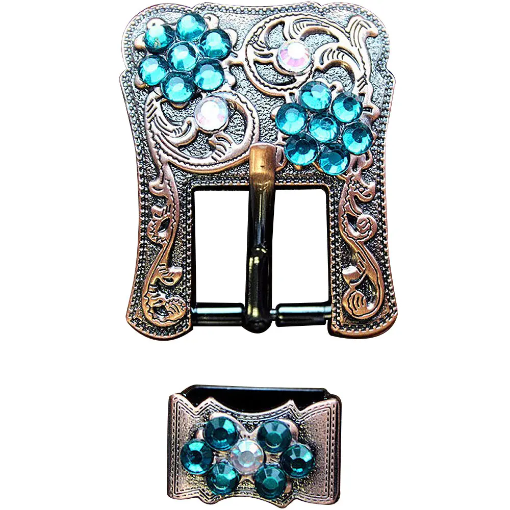 Hilason Screw Back Concho Emerald & Ab Crystal Floral Copper Buckle Set  3/4 Inch 1