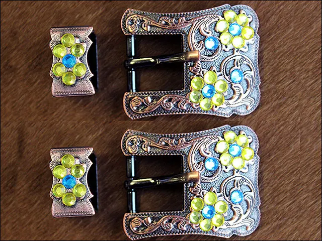 Hilason Screw Back Concho Capri & Lemon Crystal Floral Copper Buckle Set 3/4 Inch 2