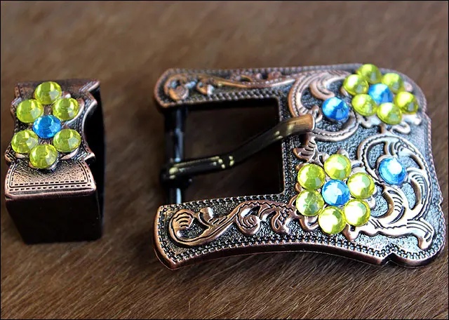 Hilason Screw Back Concho Capri & Lemon Crystal Floral Copper Buckle Set 3/4 Inch 3