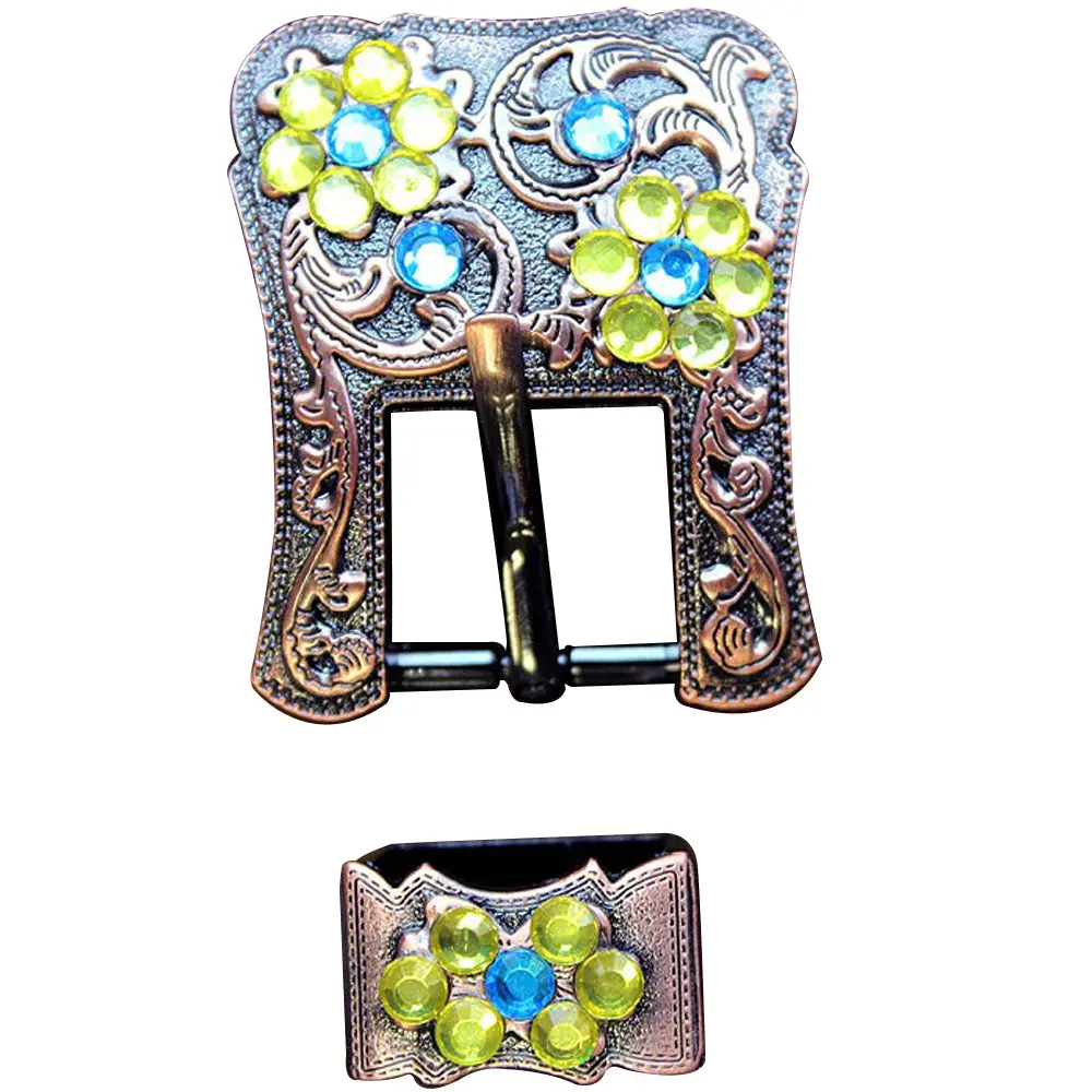 Hilason Screw Back Concho Capri & Lemon Crystal Floral Copper Buckle Set 3/4 Inch 1