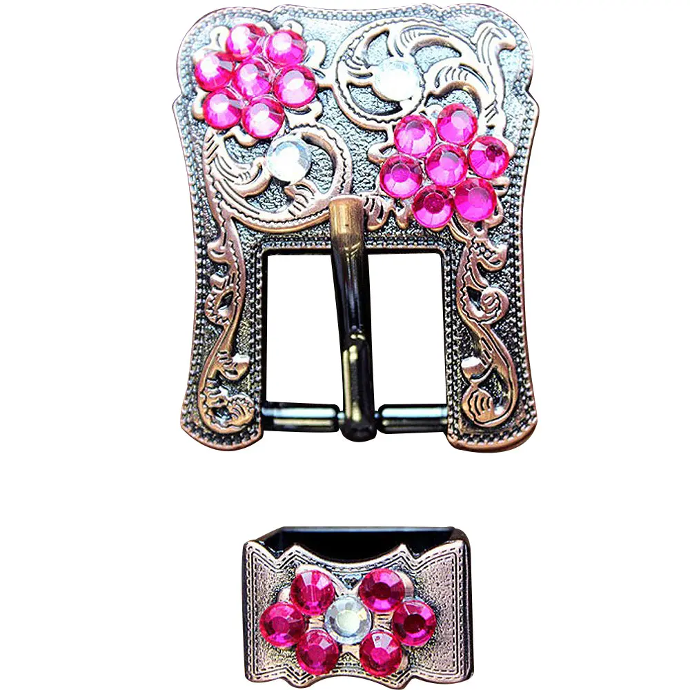 Hilason Screw Back Concho Fuschia & Crystal Floral Copper Buckle Set  3/4 Inch 1