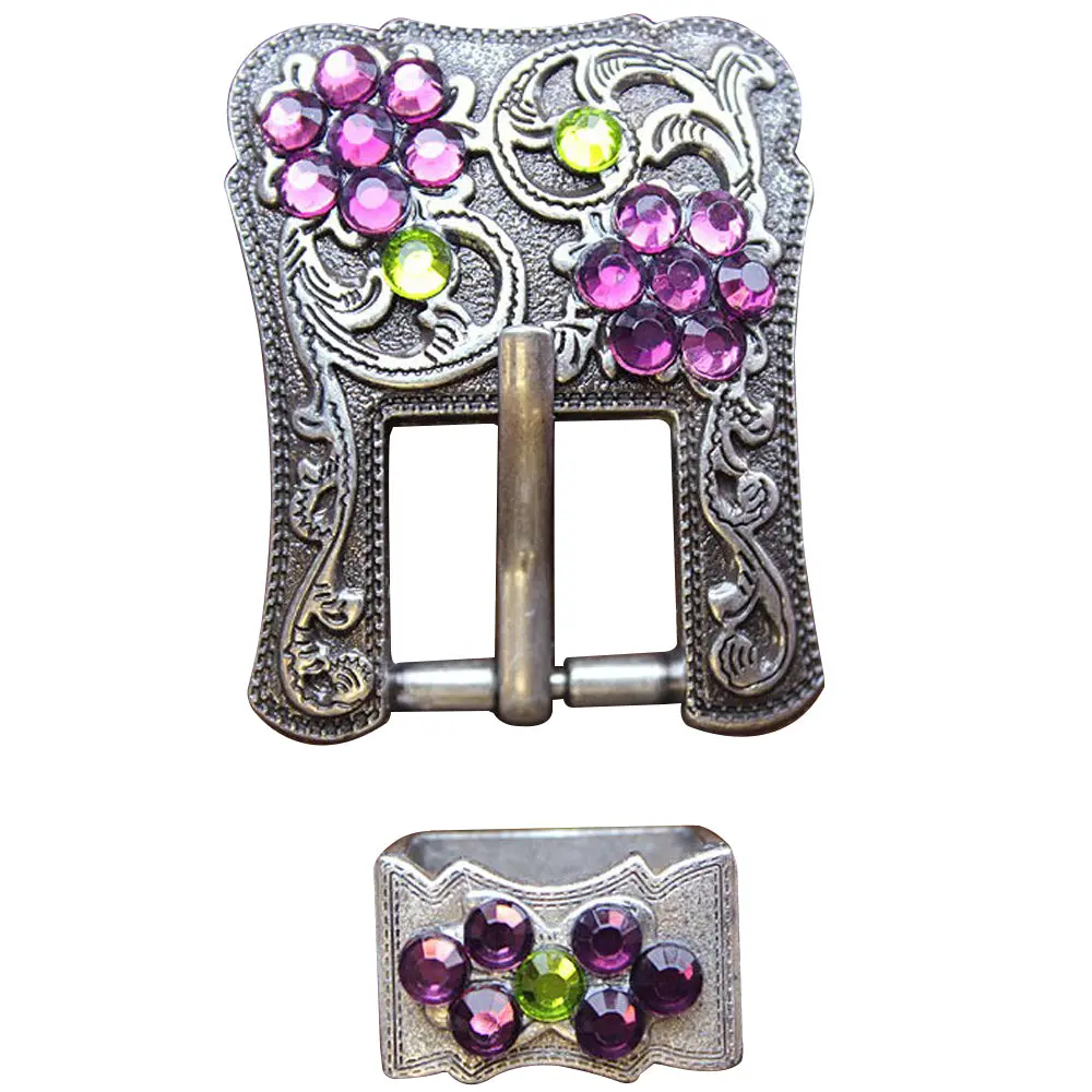 Western Screw Back Concho Purple Green Crystals Silver Buckle Set Belt 1