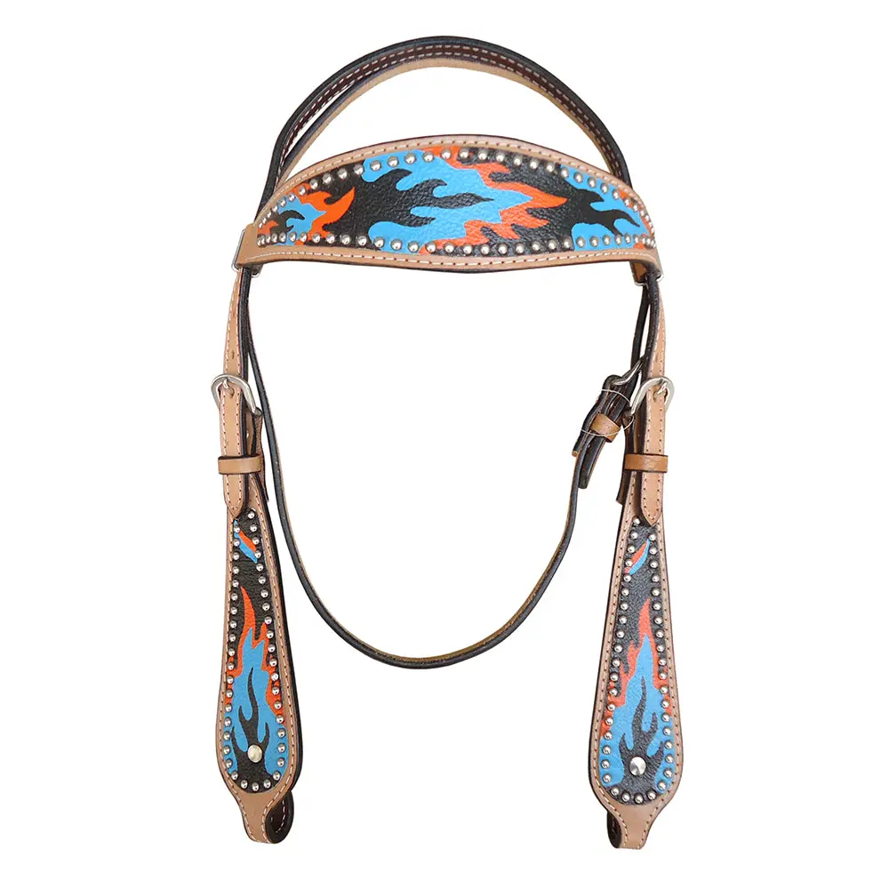 Hilason Western Horse Leather Headstall & Breast Collar Set Turquoise Flame 2