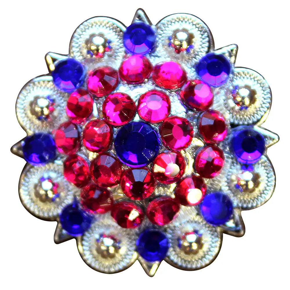 Hilason Blue Pink Crystal 1-1/4In Berry Headstall Saddle | Slotted Conchos Leather Screw Back 1