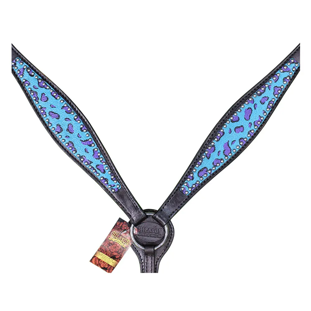 Hilason Western Horse Leather Headstall & Breast Collar Set Turquoise Cheetah 2