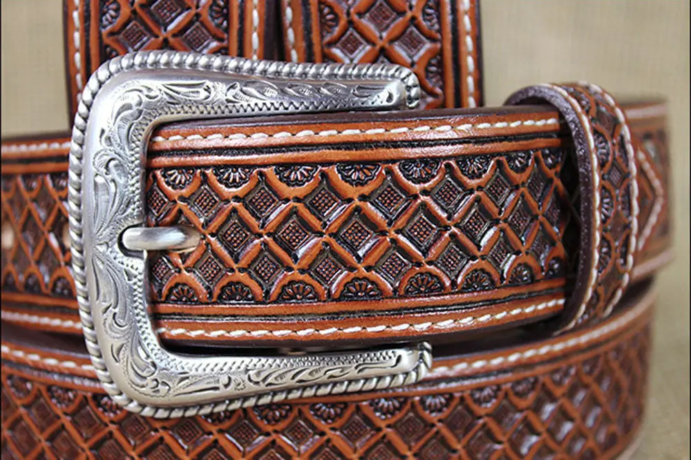 Western Nocona Leather Mens Belt Tooled Square Weave Copper 32-46 Ines 2