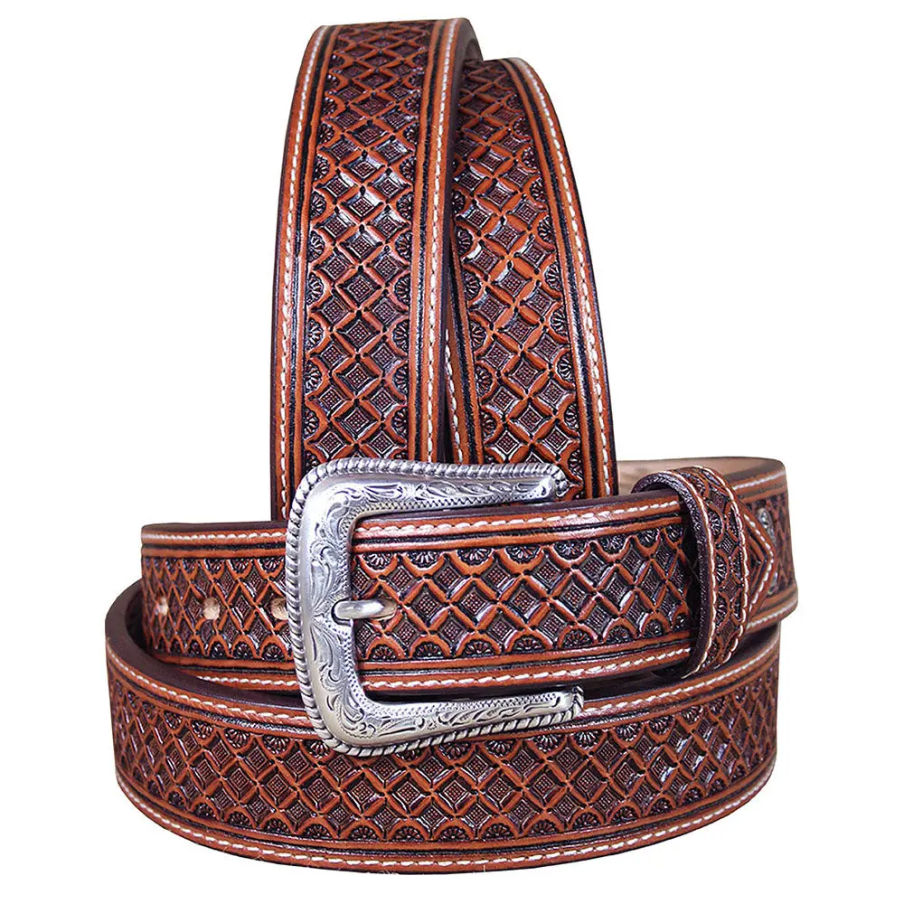 Western Nocona Leather Mens Belt Tooled Square Weave Copper 32-46 Ines 1
