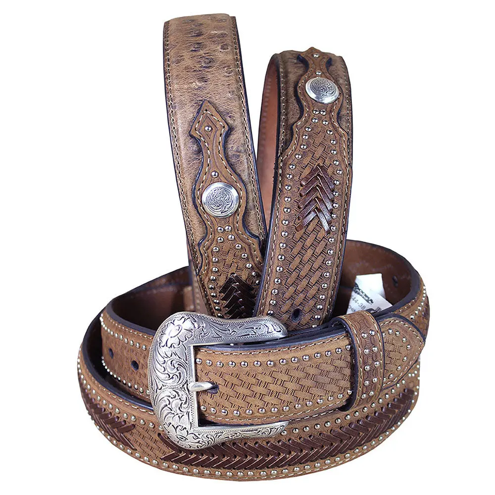 32-46 In Western Nocona Leather Mens Belt Conchos Ostrich Tan Overlay 1