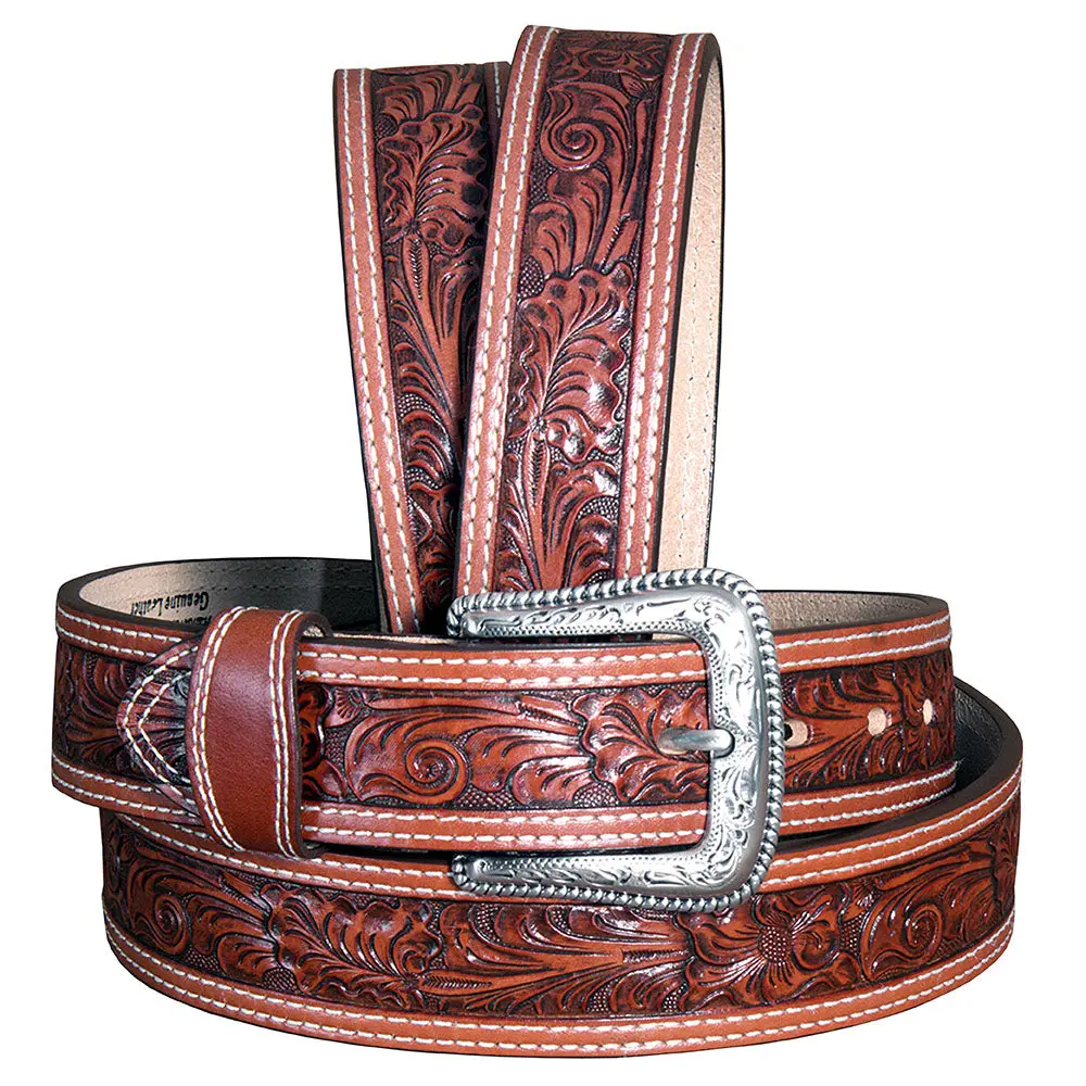 32-46 In Western Leather Belt Men Tan Tooled Dark Brown Stitching 1