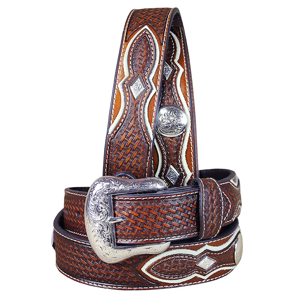 Western Nocona Mens Belt Tooled Diamond Silver Conchos Copper 48 Ines 1