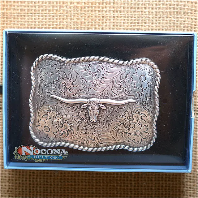 M&F Western Nocona Antique Silver Longhorn Rope Edge Belt Buckle 1
