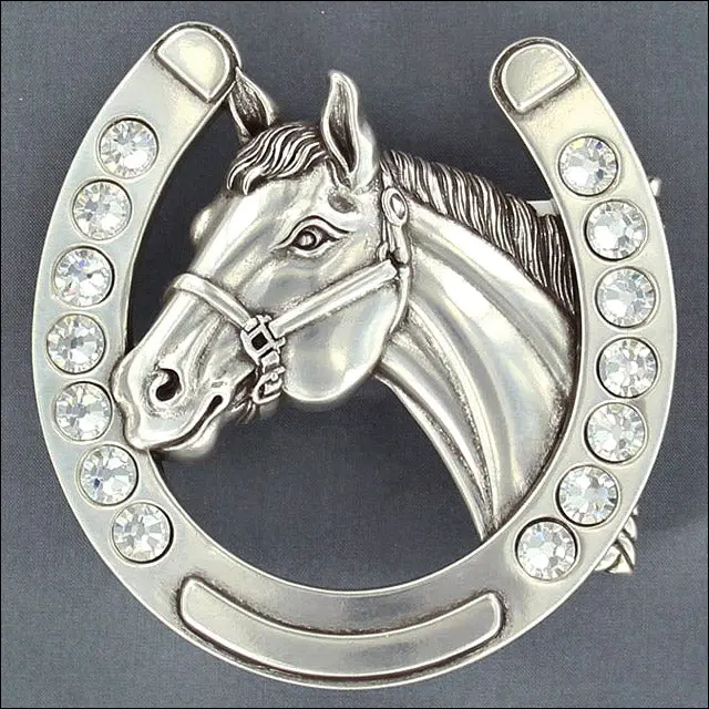 M&F Western Silver Finish Belt Buckle W/ Horseshoe Horsehead Crystal Rhinestones 1