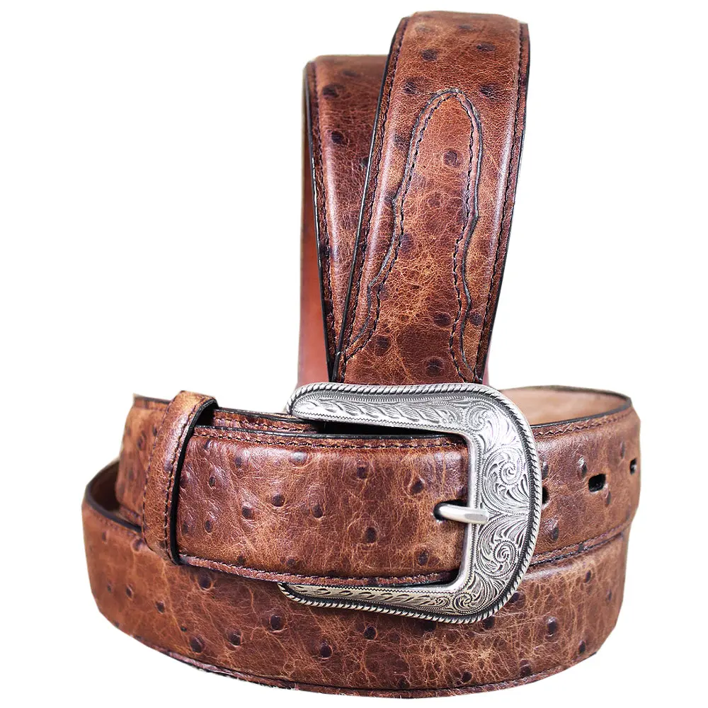3D Men's Vintage Brown Ostrich Print Leather Belt Feathered Edge & Silver Buckle 1