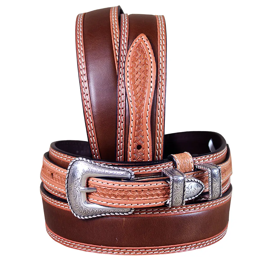 2 Tone Brown Full-Grain Leather Belt Contrast Stitching & Removable Buckle Set 2