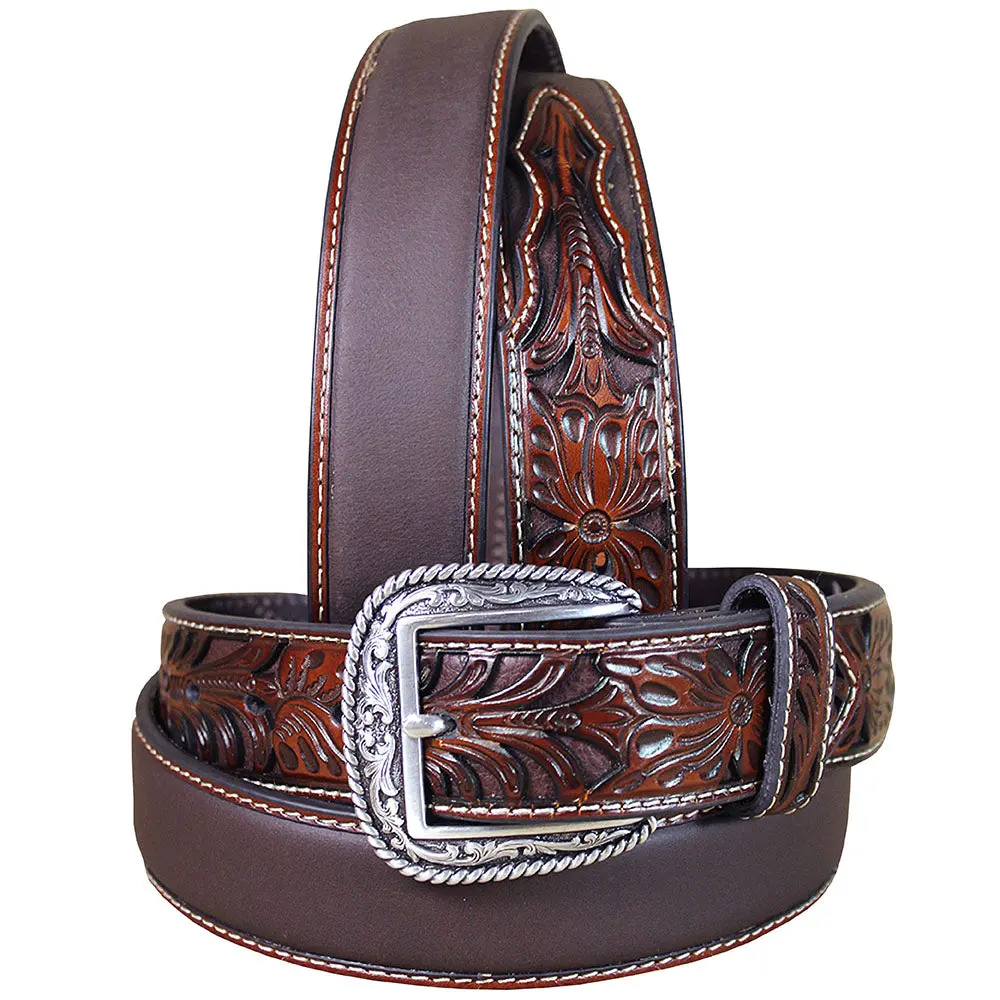 Western Belt Ariat Silver Buckle Leather Mens Tooled Floral 32-46 1