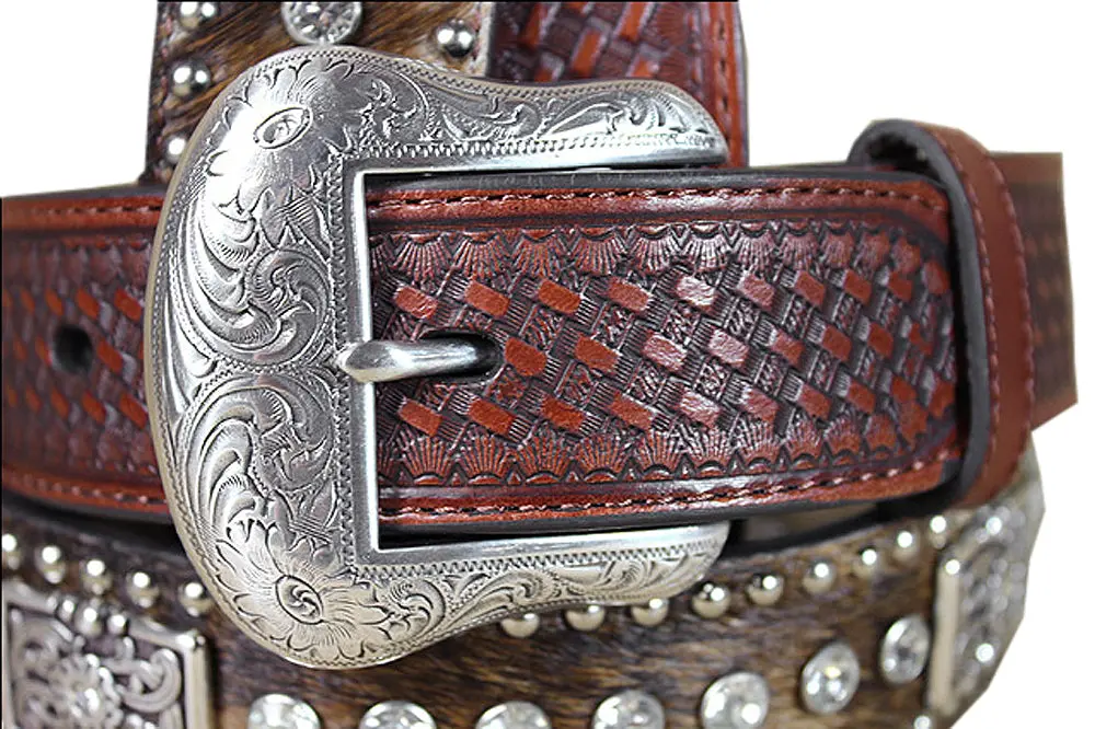 Western Leather Mens Belt Nocona Conchos Rhinestones Hair 32-46 Ines 3