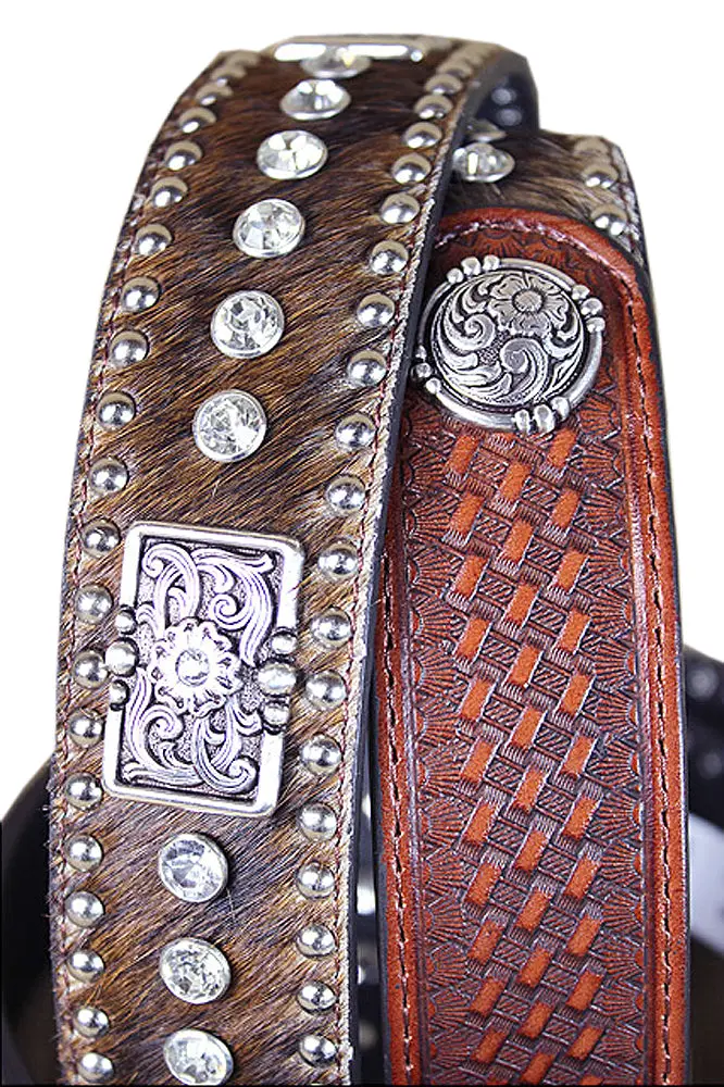 Western Leather Mens Belt Nocona Conchos Rhinestones Hair 32-46 Ines 5