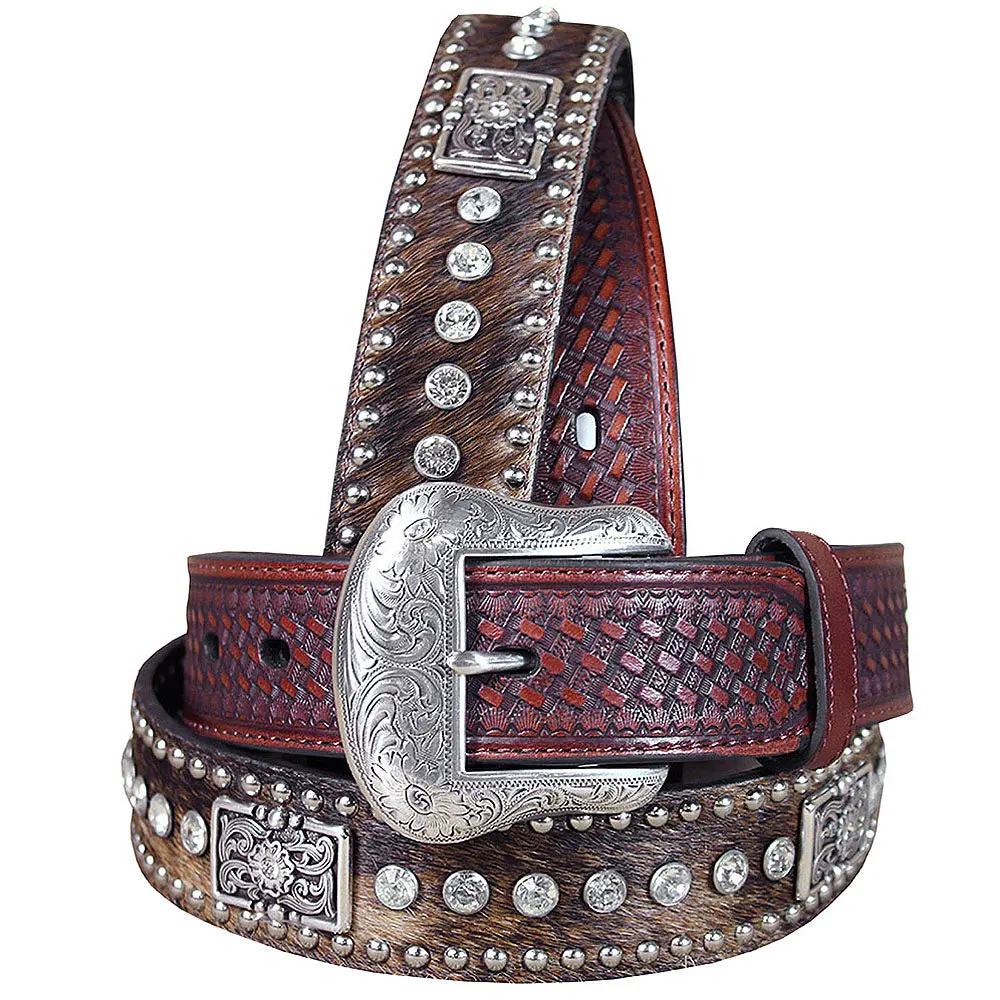 Western Leather Mens Belt Nocona Conchos Rhinestones Hair 32-46 Ines 8