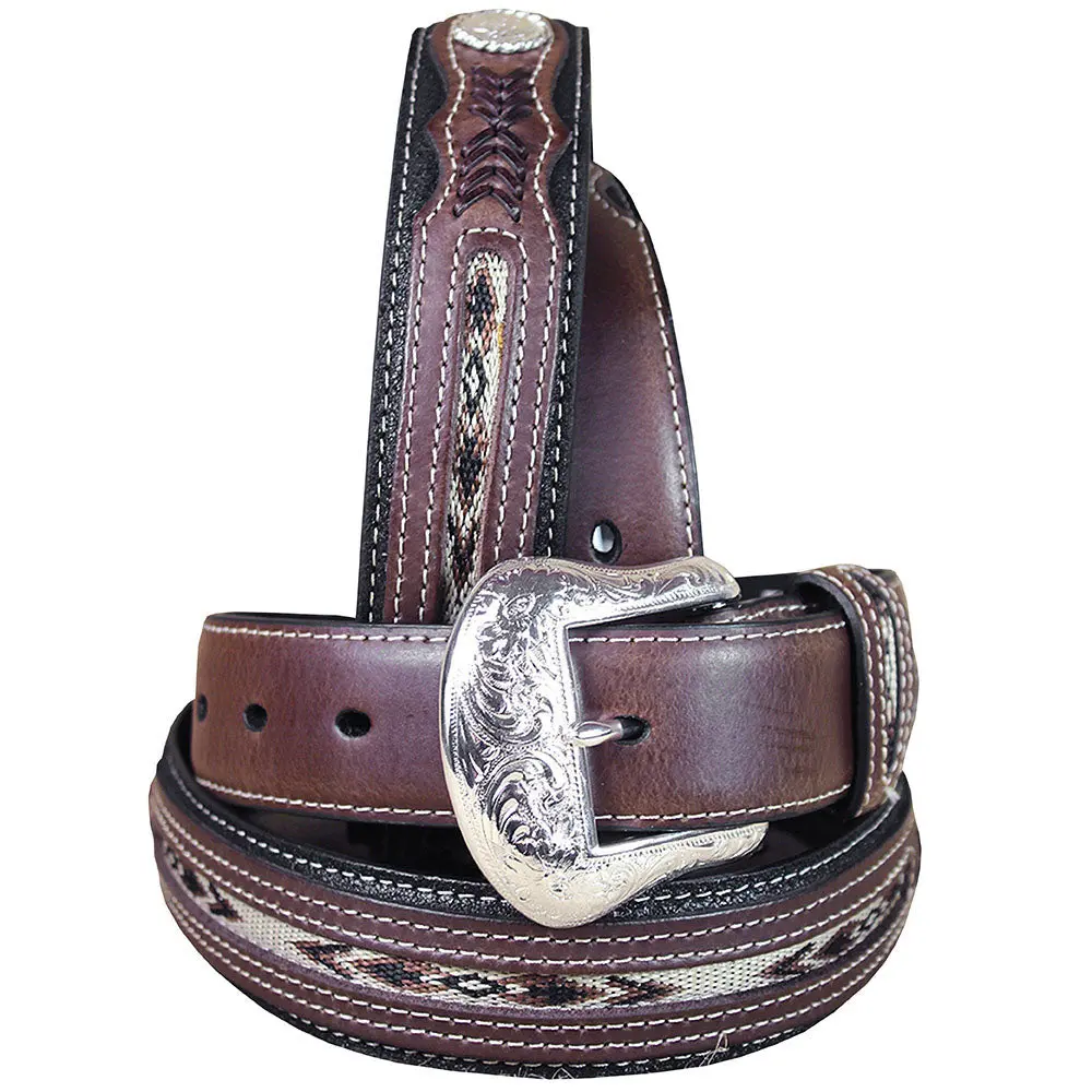 Western Fabric Inset Belt Men Black Brown Leather 32-46 Ines 1