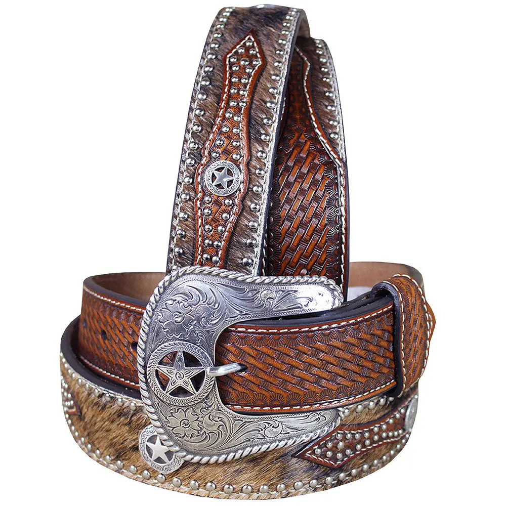Western Cowboy Belt Nocona Hair Star Concho Brown Leather 34-46 Ines 1