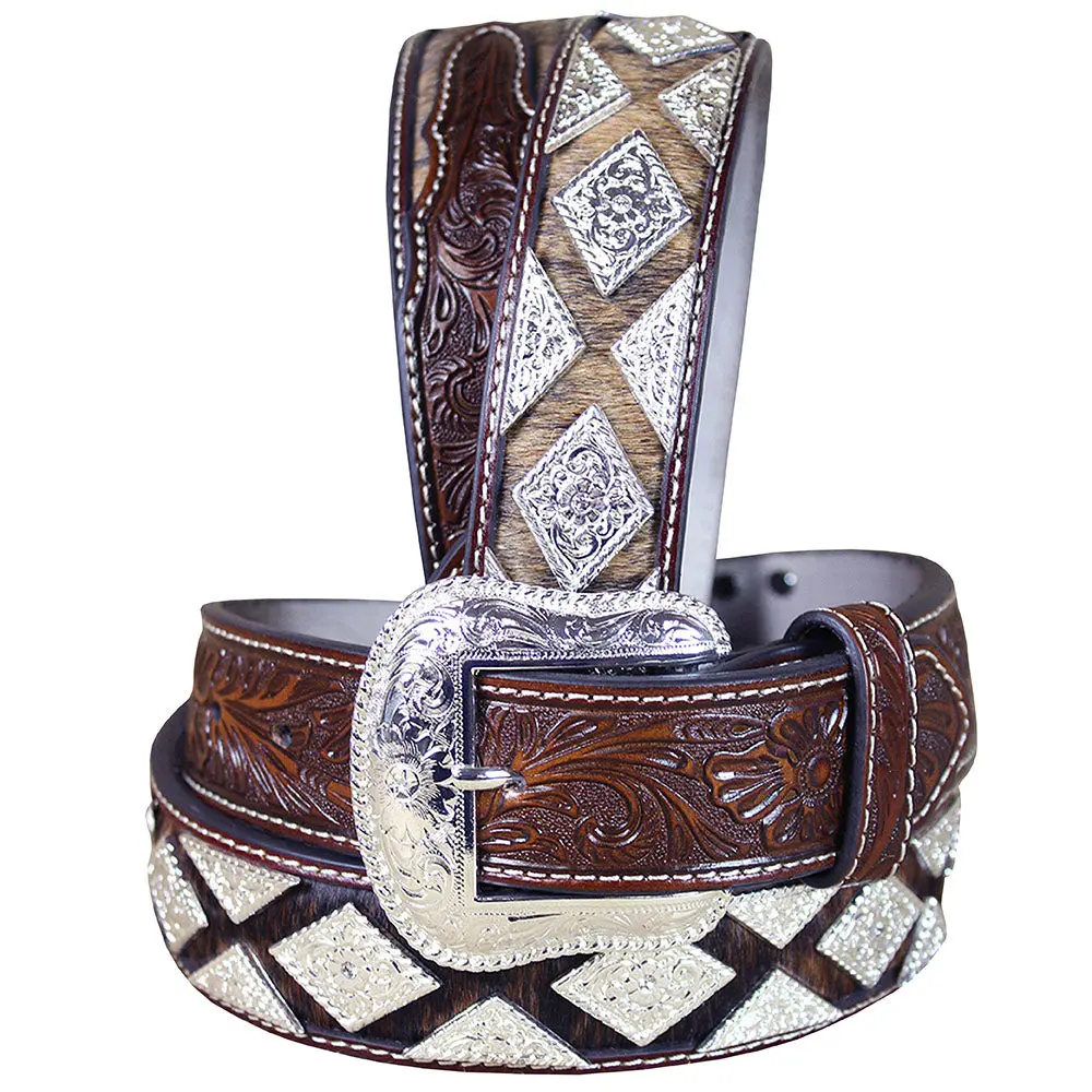 Western Nocona Leather Mens Belt Hair Diamond Conchos Dark Brown 32-46 1
