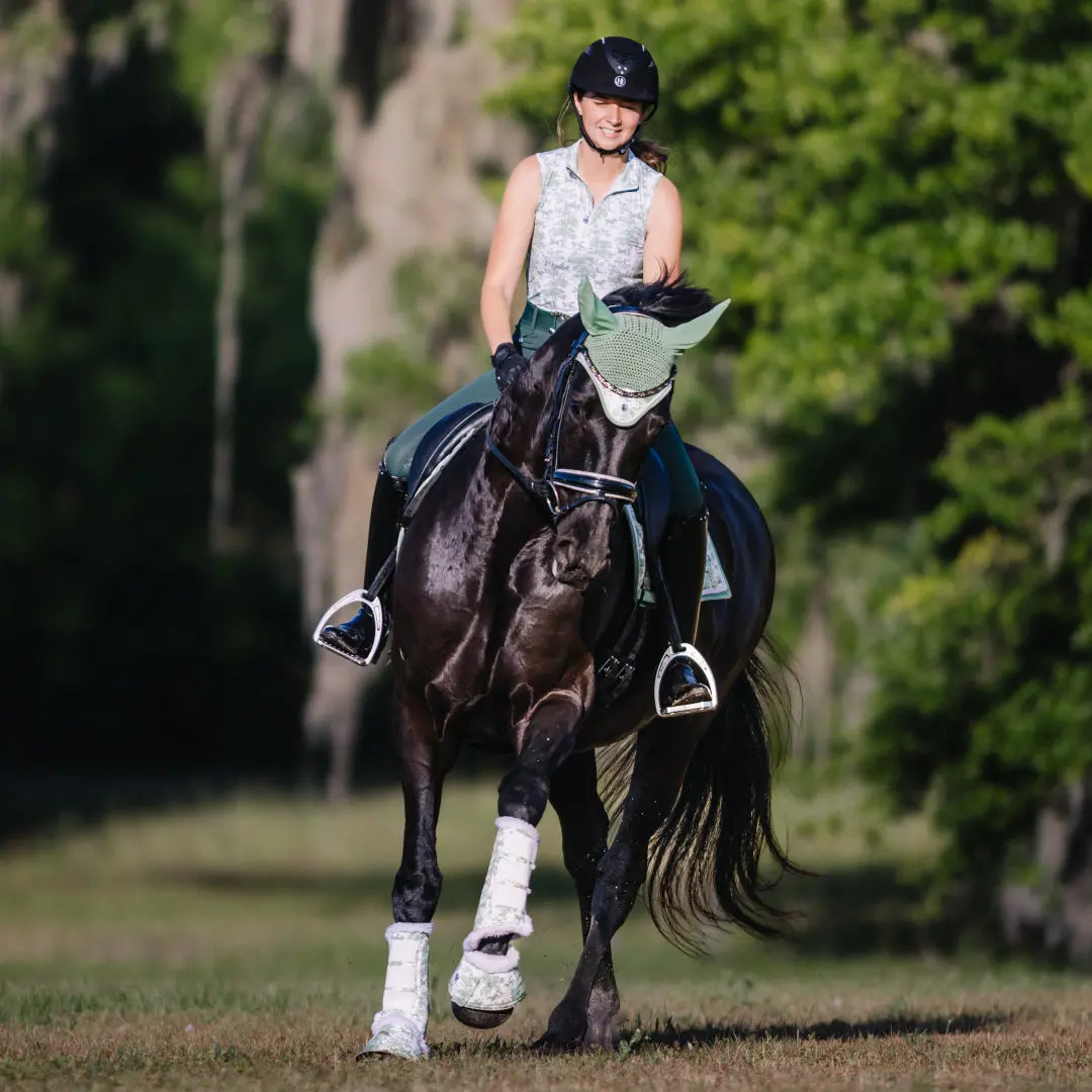 Dapplebay Equestrian Toile 1/4 Zip Light Riding Top - Sleeveless-Green/White 3
