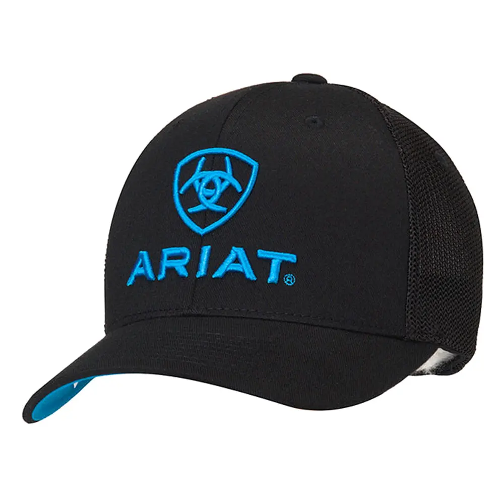 Ariat Cowboy Baseball Cap Black Turquoise Logo Mesh Side Flex Fit 1