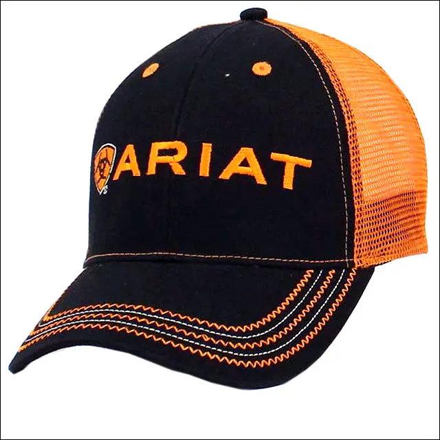 Ariat Mens Cowboy Mesh Back Adjustable Baseball Cap W/ Orange Logo Black 1