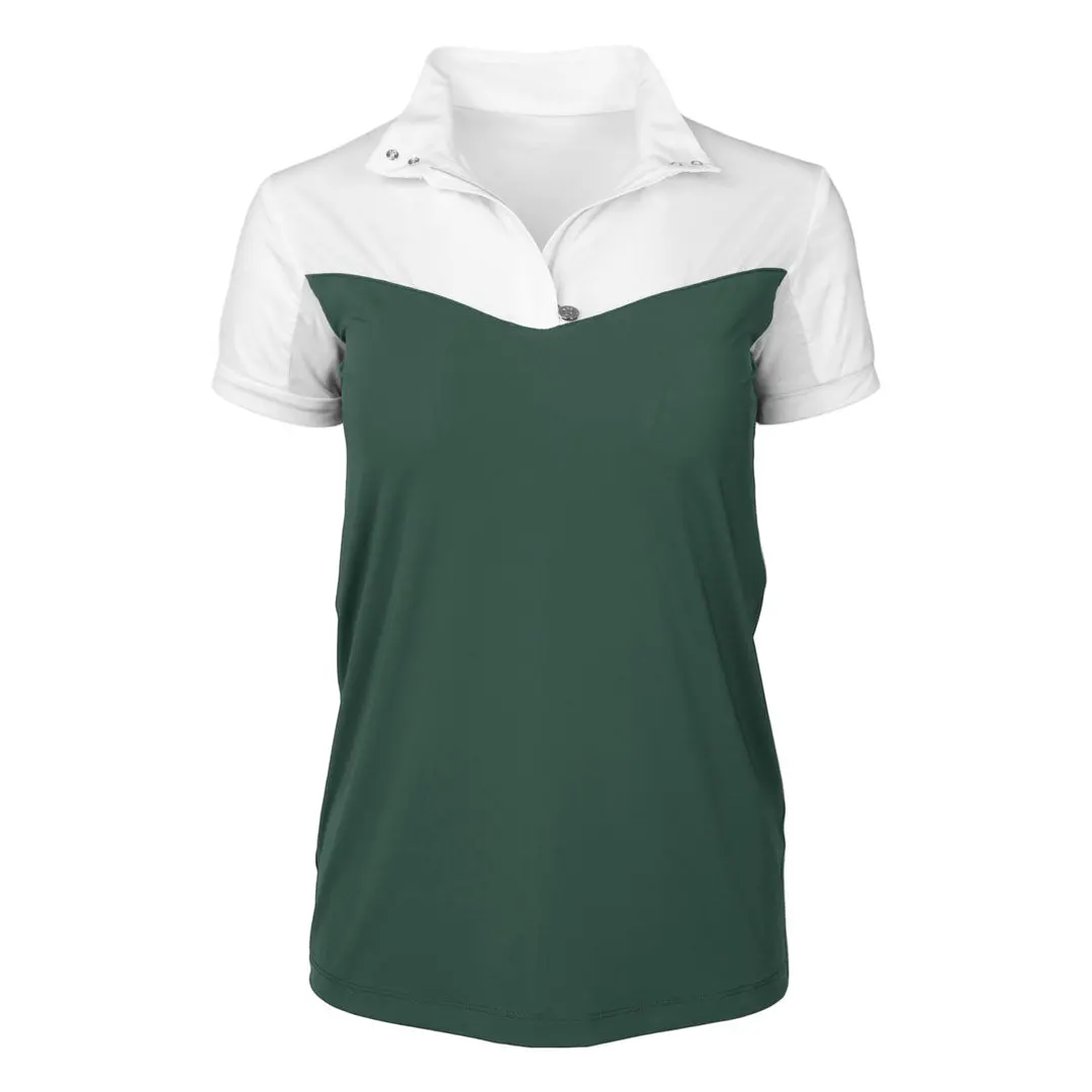 Dapplebay Lady 1/4 Zip Show Top - Short Sleeve-White/Evergreen 1