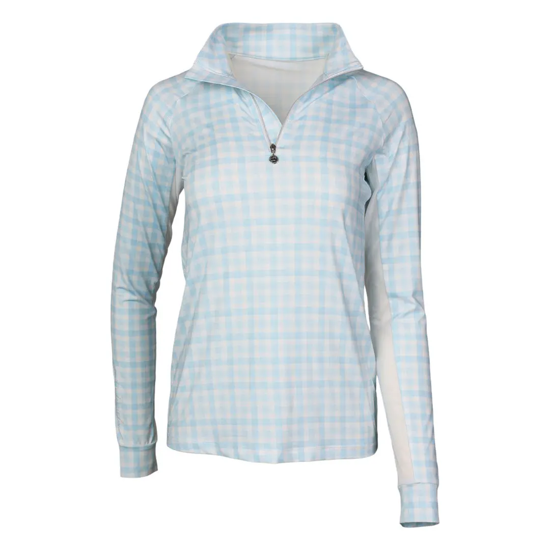 Dapplebay Gingham1/4 Zip Riding Top - Long Sleeve-Blue/White 1