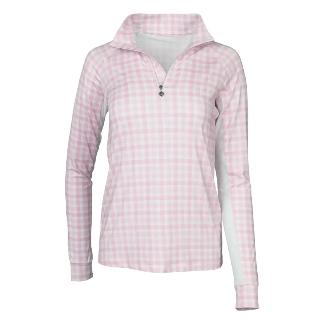 Dapplebay Gingham 1/4 Zip Riding Top - Long Sleeve-Pink/White 1