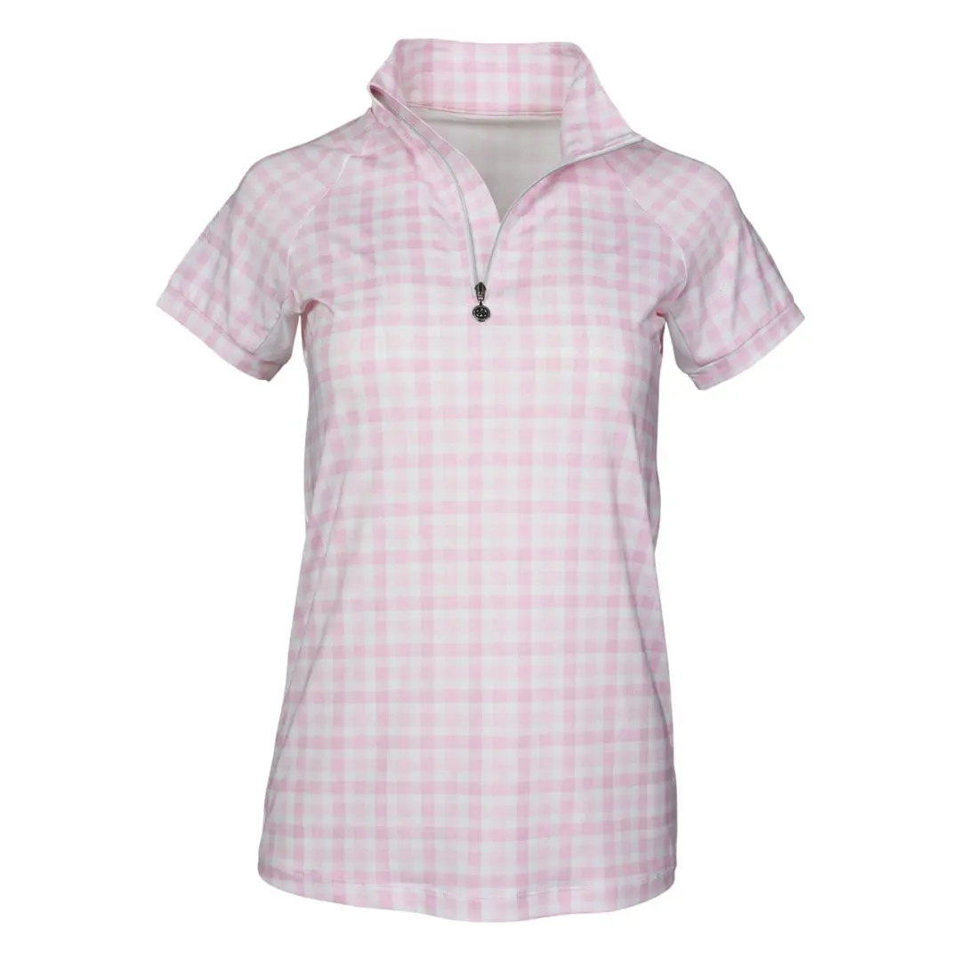 Dapplebay Gingham 1/4 Zip Riding Top - Short Sleeve-Pink/White 1