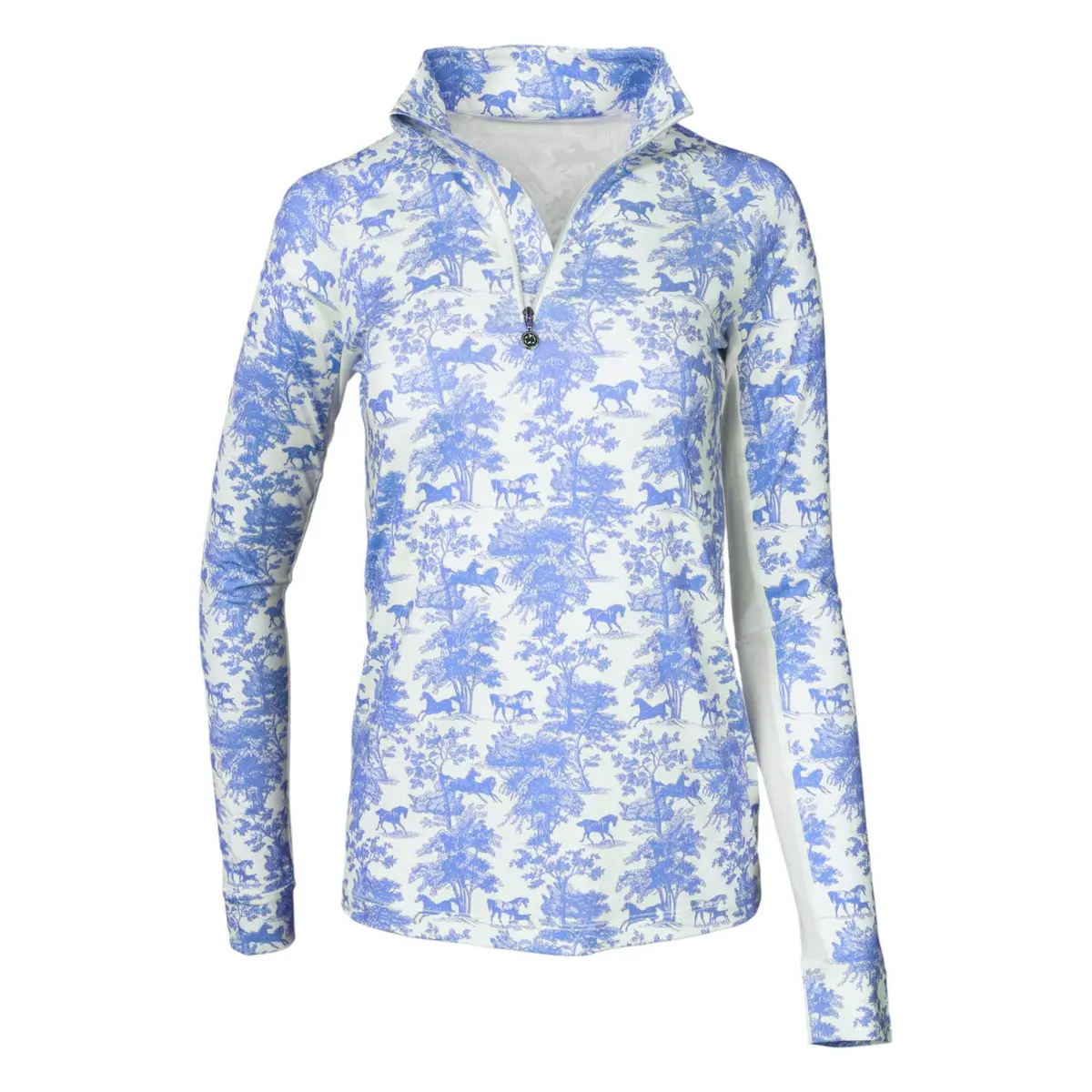 Dapplebay Equestrian Toile 1/4 Zip Light Riding Top - Long Sleeve-Blue/White 1