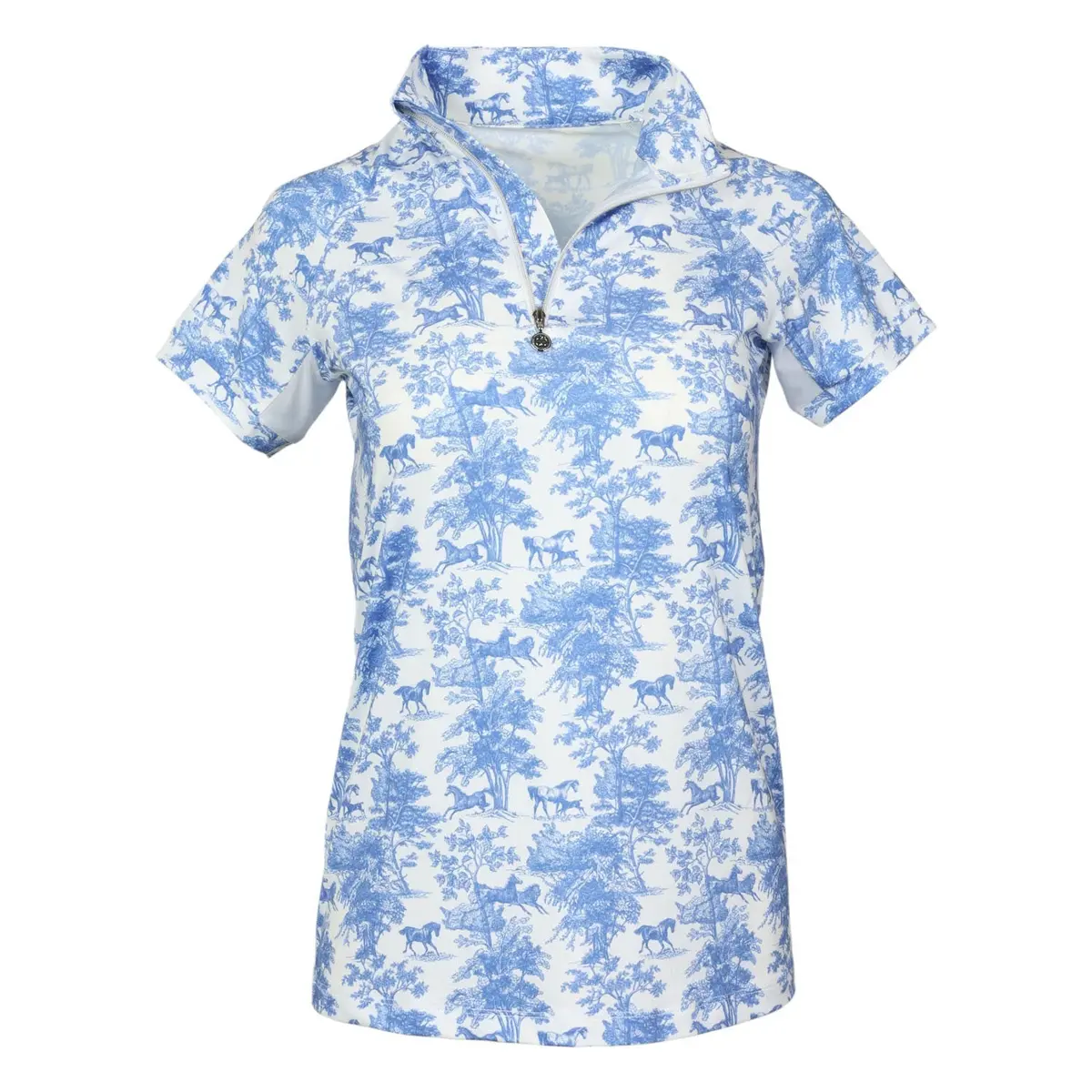 Dapplebay Equestrian Toile 1/4 Zip Light Riding Top - Short Sleeve-Blue/White 1
