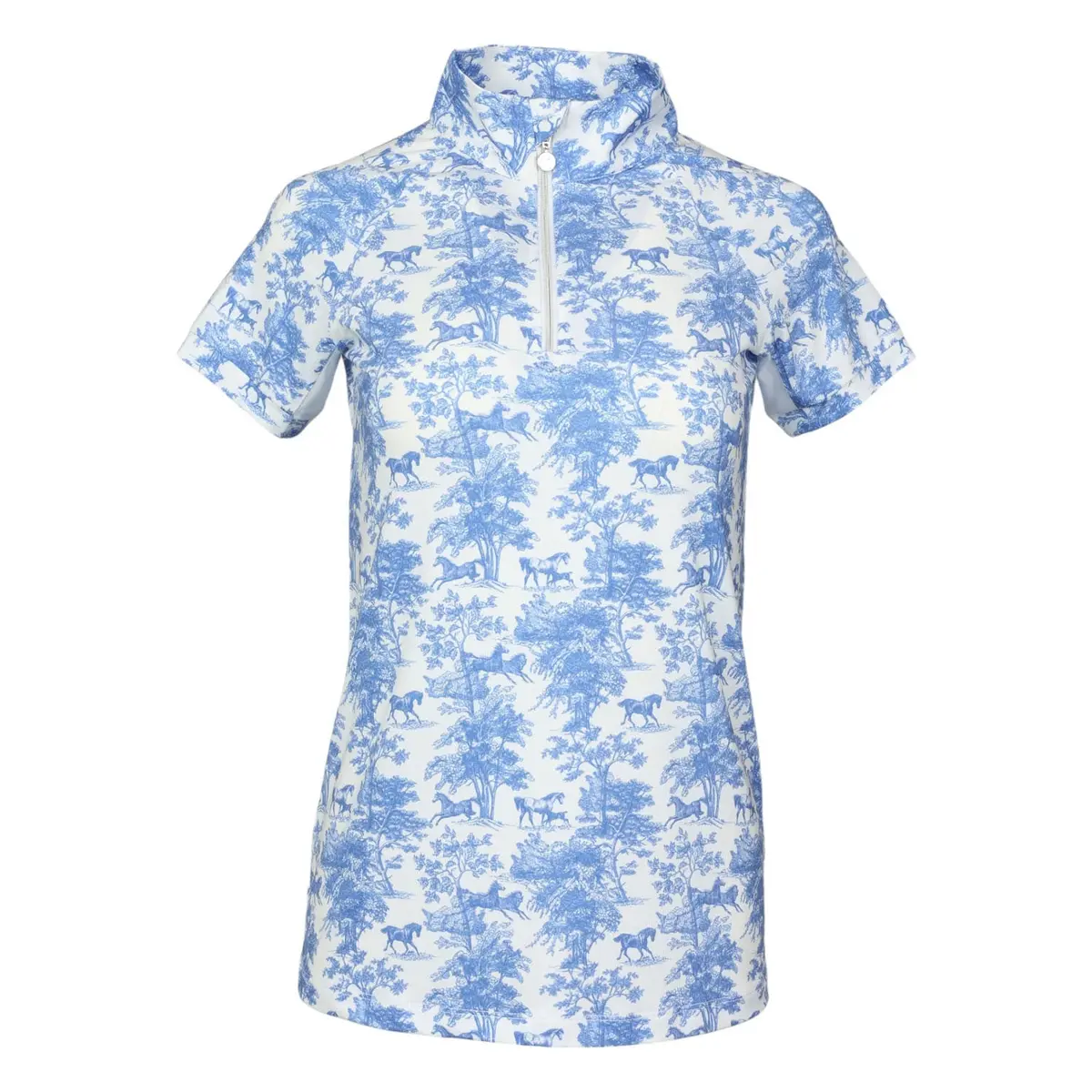 Dapplebay Equestrian Toile 1/4 Zip Light Riding Top - Short Sleeve-Blue/White 5
