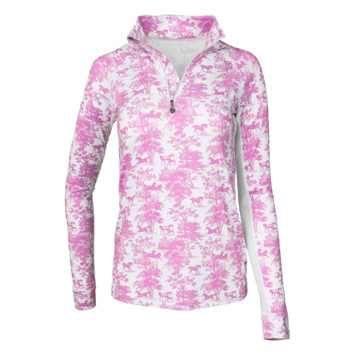 Dapplebay Equestrian Toile 1/4 Zip Light Riding Top - Long Sleeve-Rose/White 1