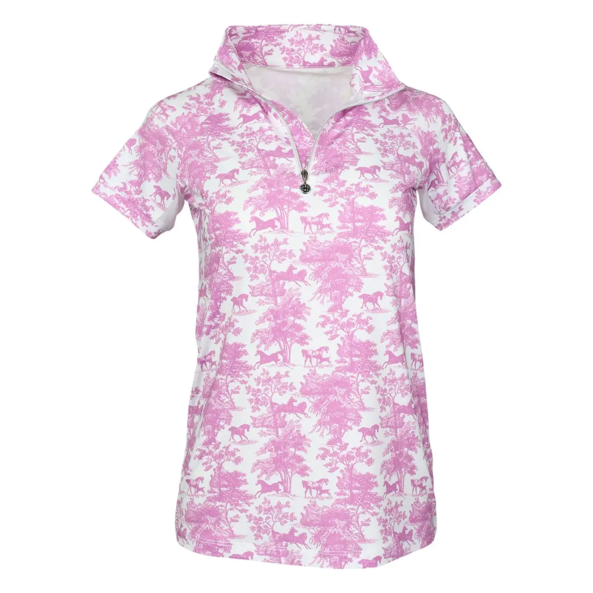 Dapplebay Equestrian Toile 1/4 Zip Light Riding Top - Short Sleeve-Rose/White 1