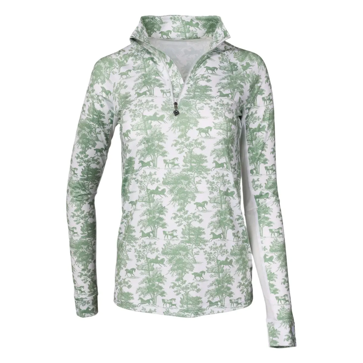 Dapplebay Equestrian Toile 1/4 Zip Light Riding Top - Long Sleeve-Green/White 1