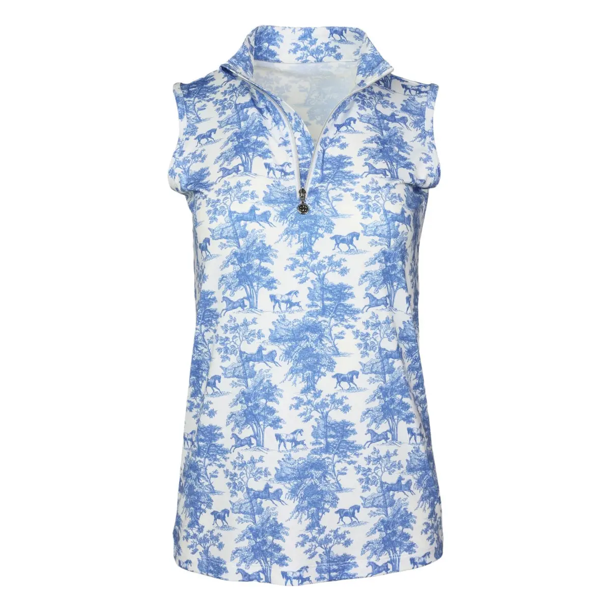 Dapplebay Equestrian Toile 1/4 Zip Light Riding Top - Sleeveless-Blue/White 1