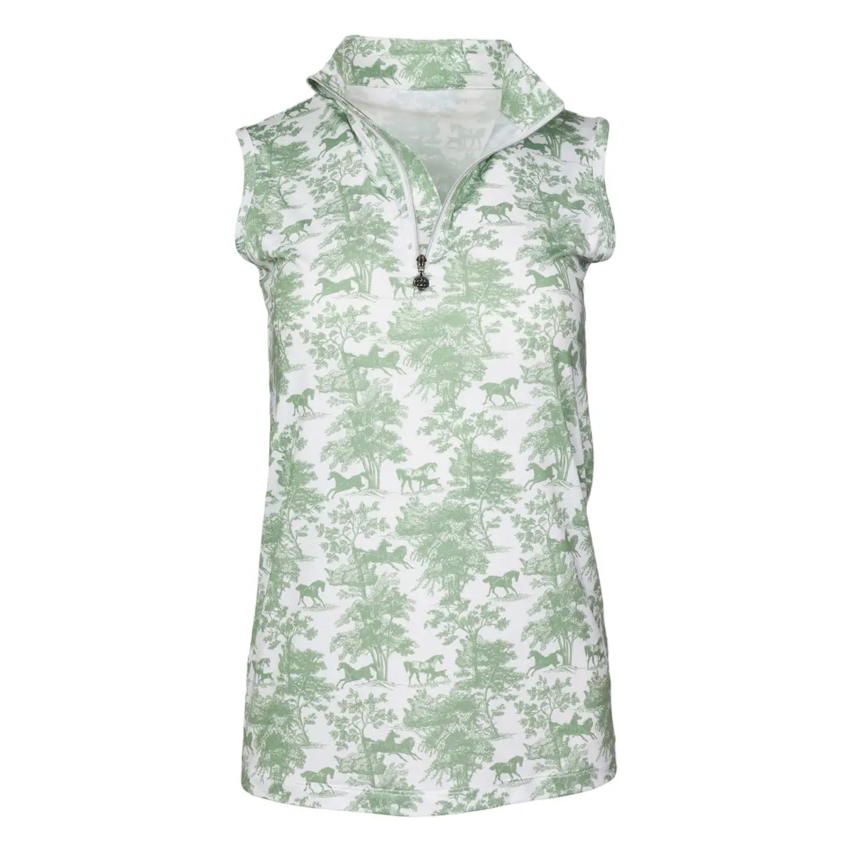 Dapplebay Equestrian Toile 1/4 Zip Light Riding Top - Sleeveless-Green/White 1
