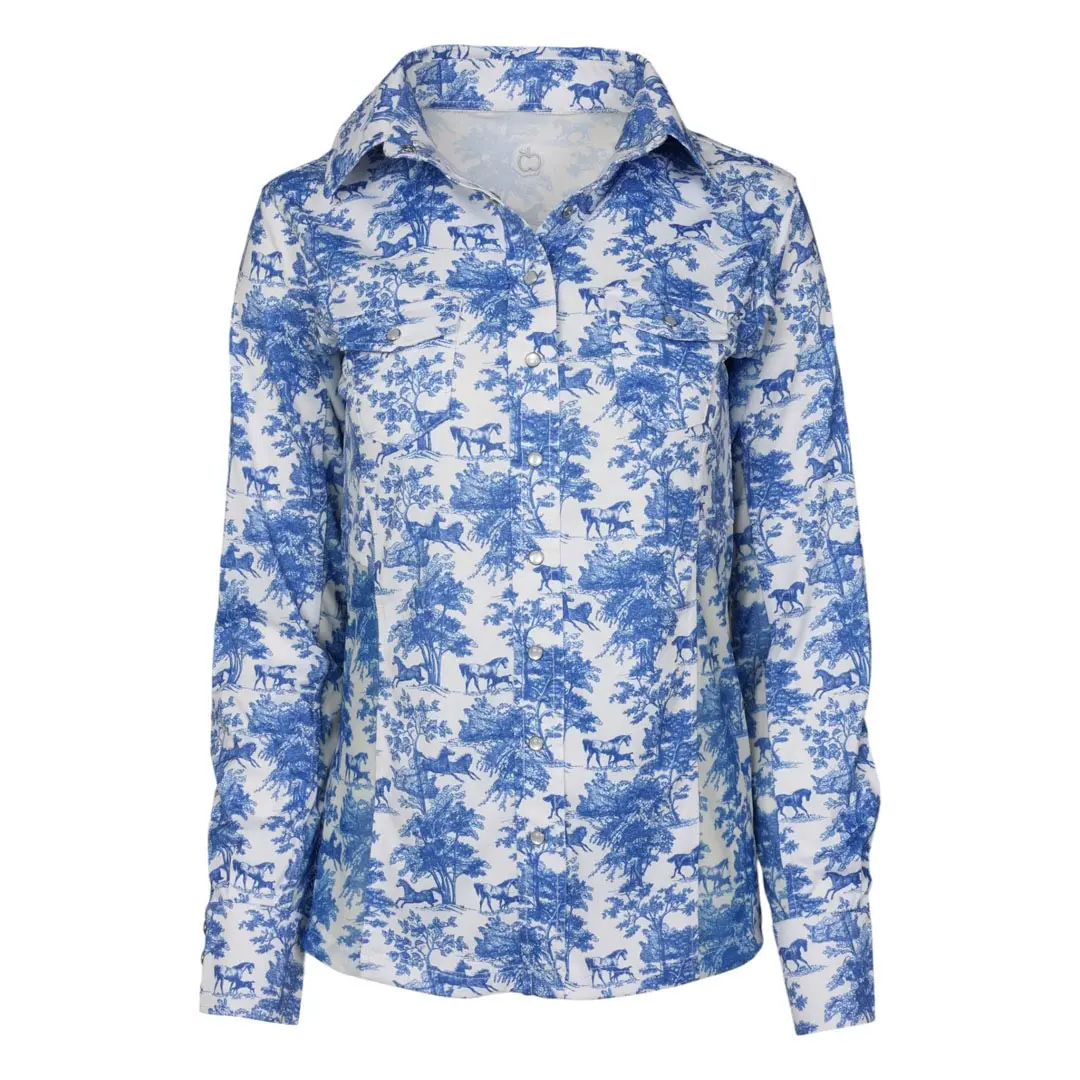 Dapplebay Equestrian Toile Button Down Western Shirt-Blue/White 1